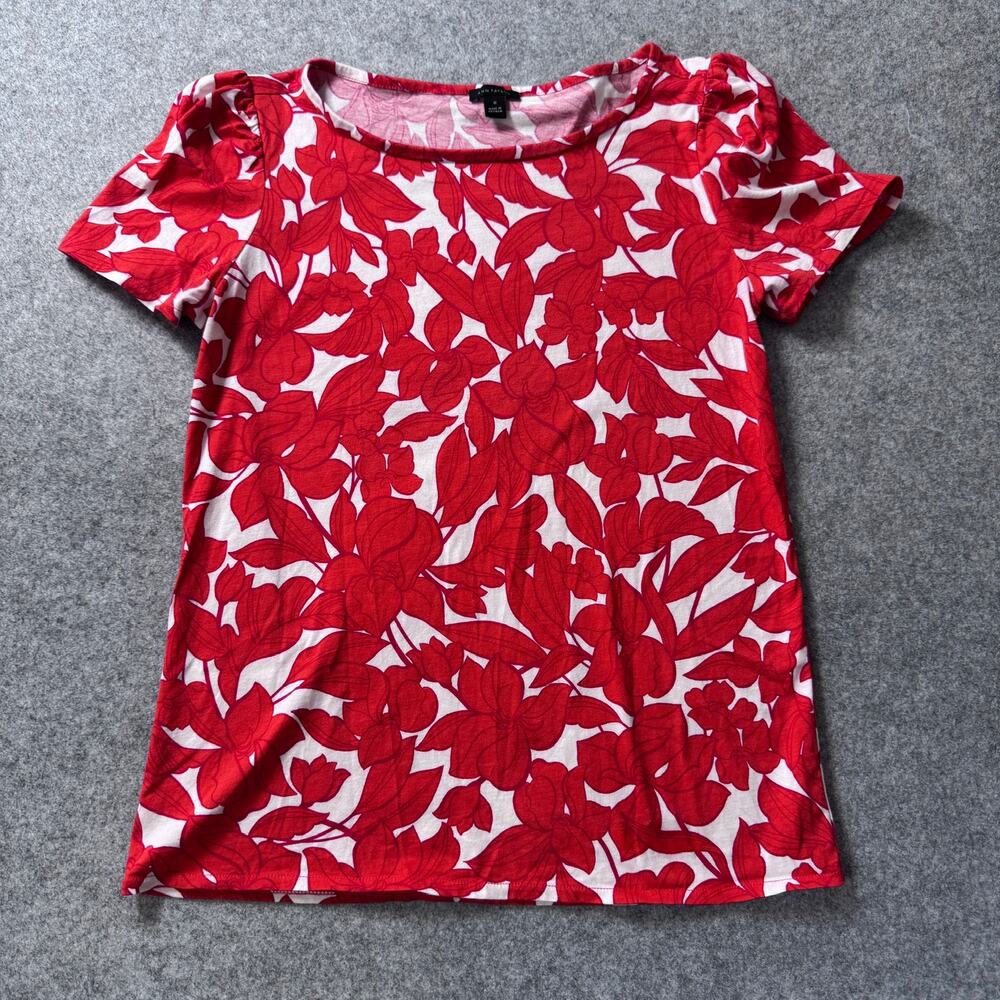 Ann Taylor Floral Puff Sleeve Top Medium Red Orange White Cotton Cute Spring